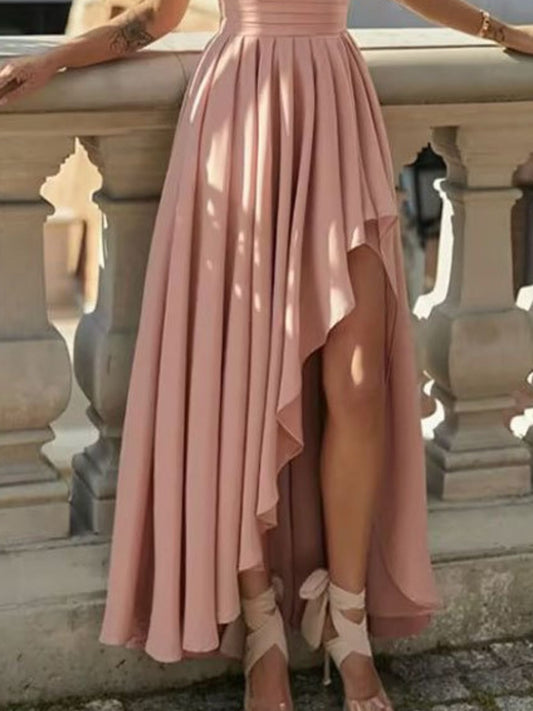 One-shoulder asymmetrical dress full-length view