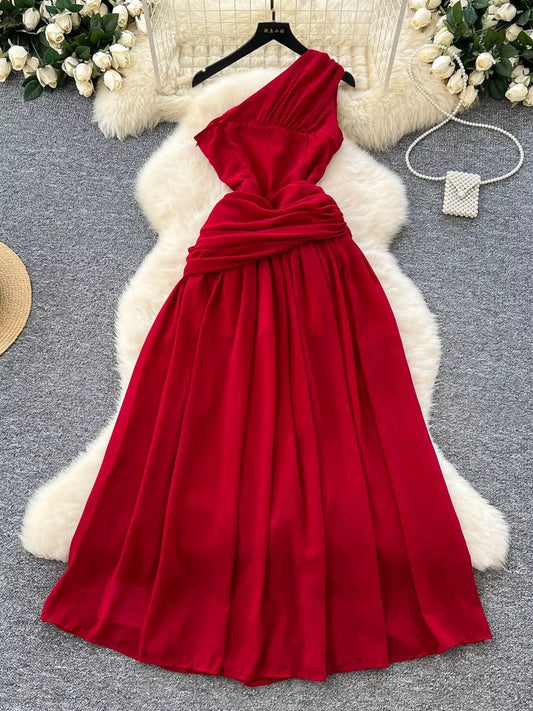 One-shoulder red floral dress full-length view
