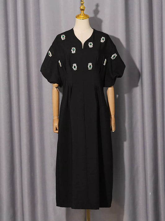 Black puff sleeve midi dress