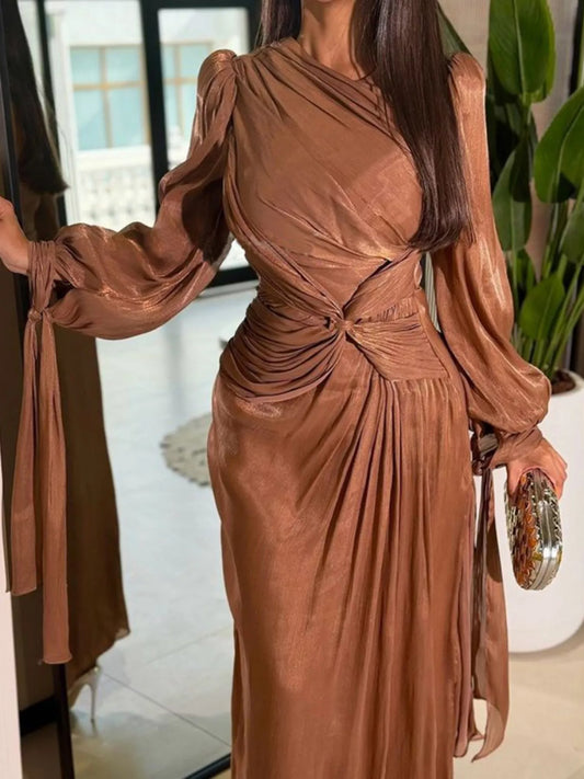 Coffee-Brown Draped Long-Sleeve Twisted Maxi Dress - product view 2