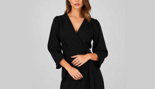Woman in elegant black dress standing confidently