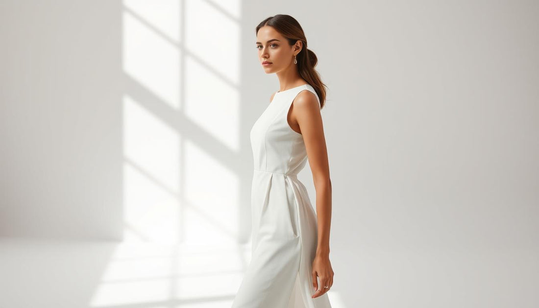 Woman wearing elegant minimalist white dress in neutral setting
