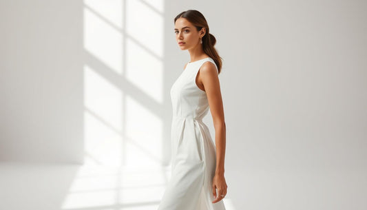Woman wearing elegant minimalist white dress in neutral setting