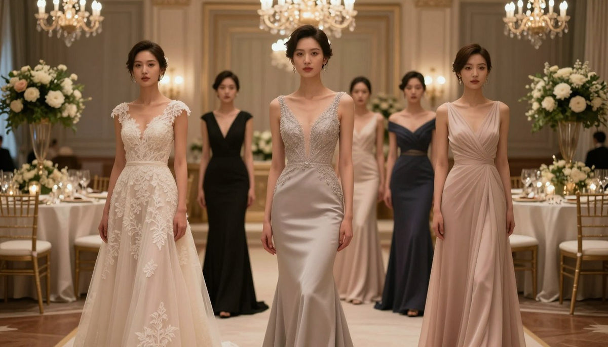 Women wearing long formal dresses in a decorated event venue
