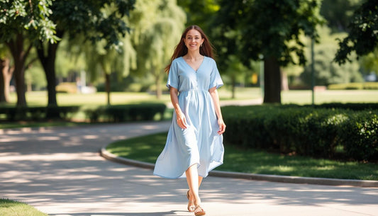 Woman wearing a casual midi dress while walking through a park on a sunny day