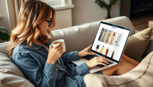 Woman browsing women dresses online on a laptop while sitting comfortably at home
