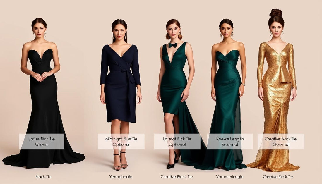 Women in different formal dress codes from black tie gowns to cocktail dresses