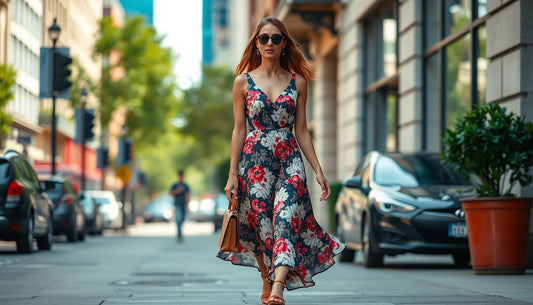 Woman wearing a floral midi dress walking confidently down a city street