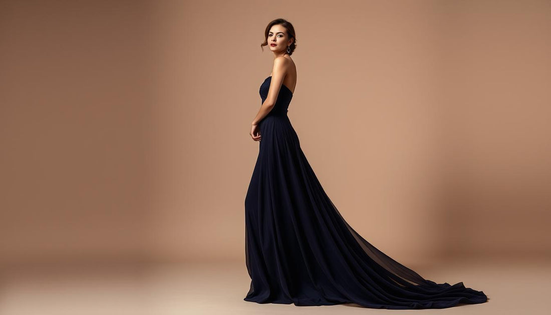 Woman in elegant evening dress with flowing fabric