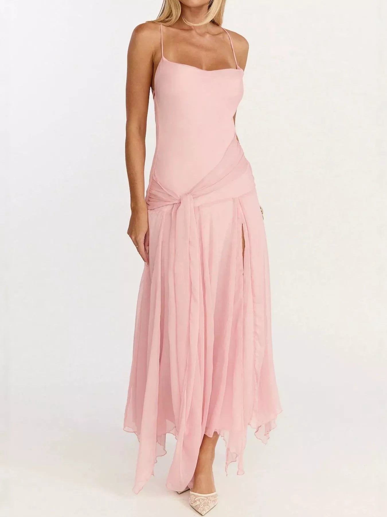 Pink spaghetti-strap maxi dress full-length view