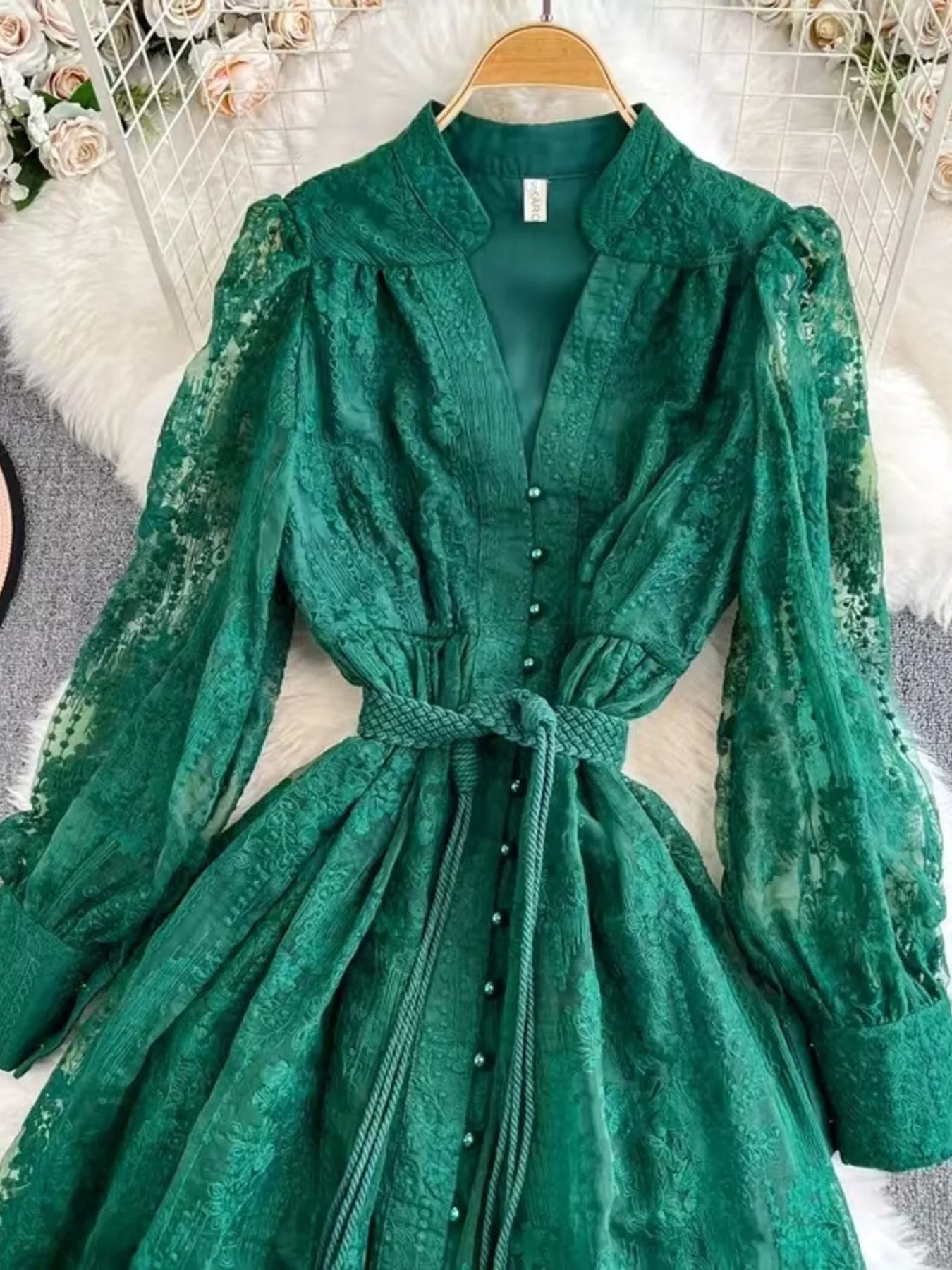 Lace tie-waist long sleeve dress – view 4