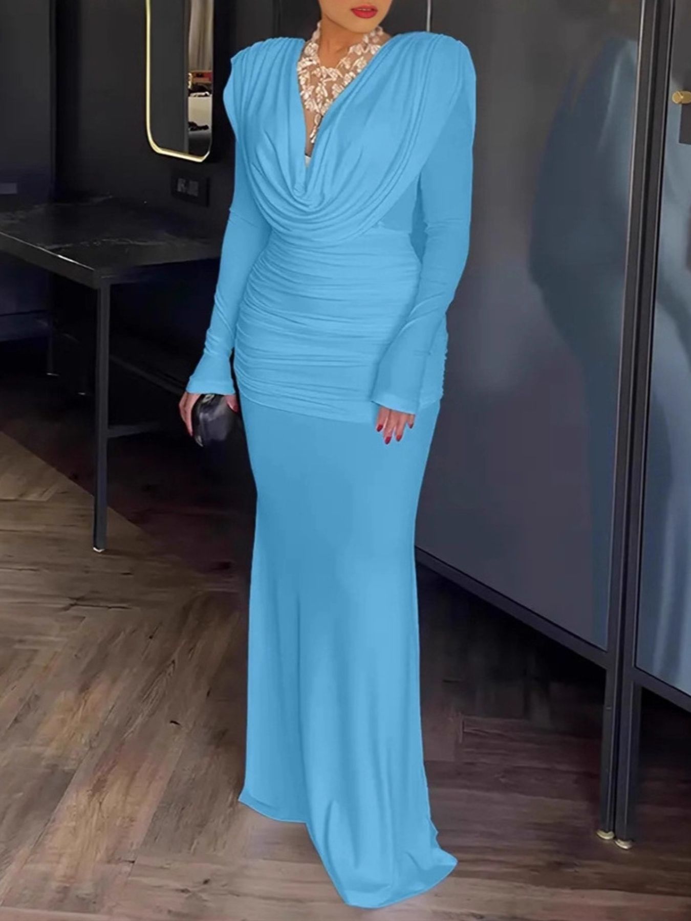 Ruched long-sleeve formal maxi dress