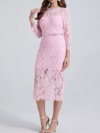 Pink lace long-sleeve midi dress, front view