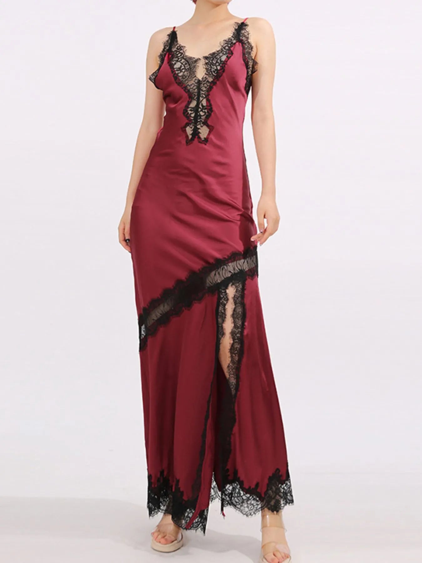Burgundy lace-detail slit maxi dress side view