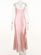 Blush-pink cowl-neck thin-strap dress on mannequin, front view