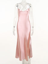 Blush-pink cowl-neck thin-strap dress on mannequin, front view