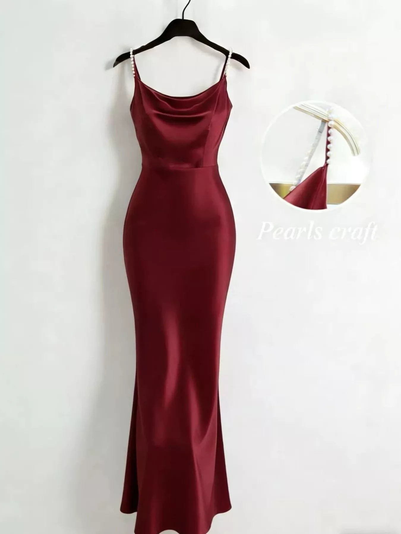 Pearl-strap satin maxi dress back view