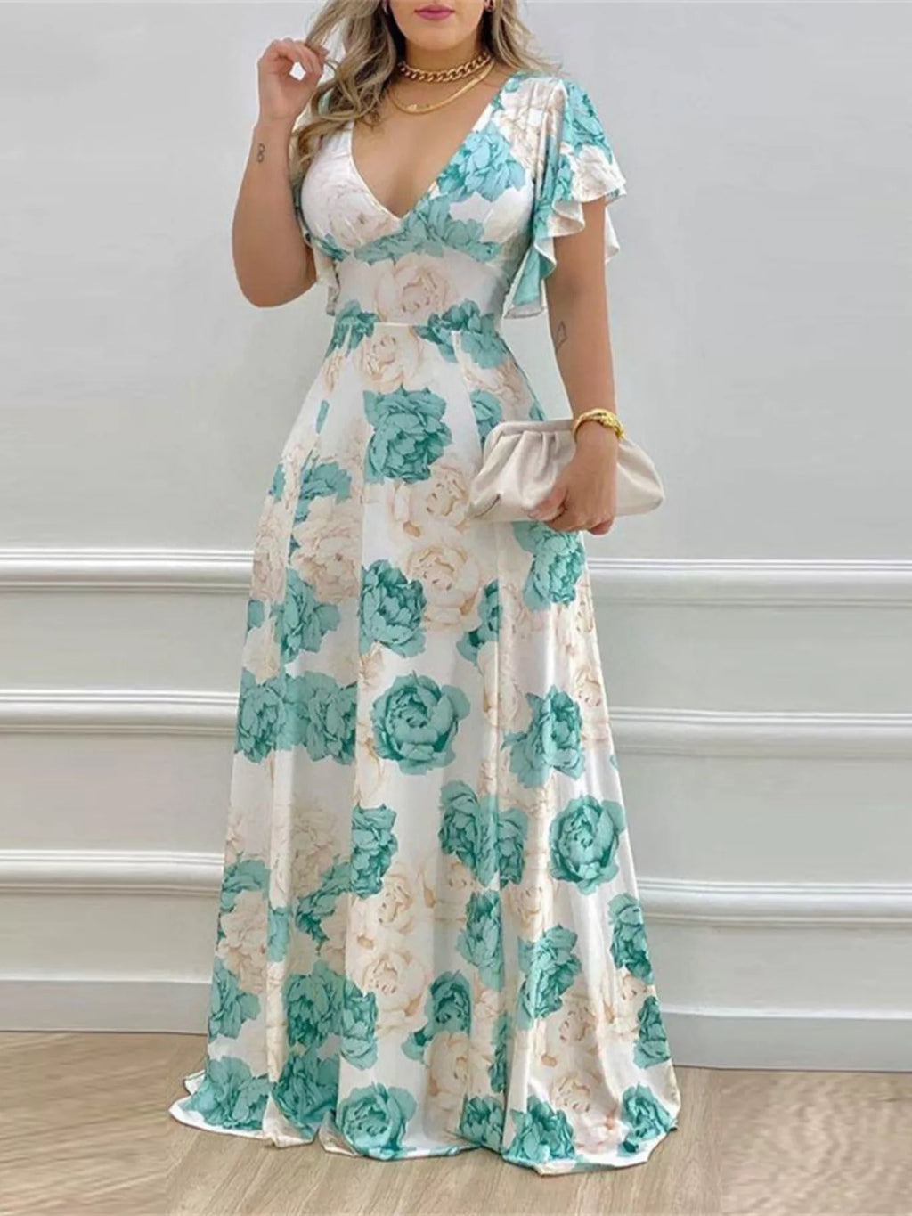 Floral V-Neck Ruffle-Sleeve Maxi Dress - product image 1