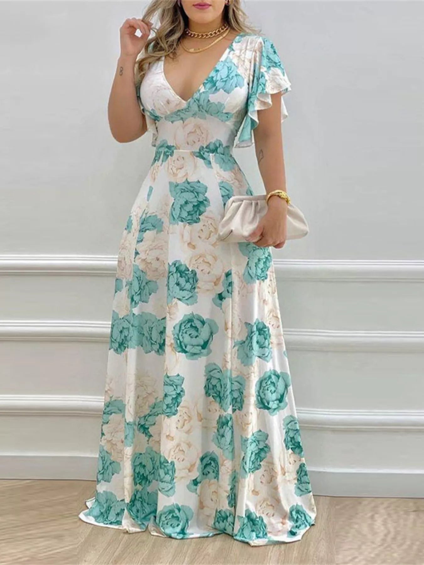 Floral V-Neck Ruffle-Sleeve Maxi Dress - product image 1