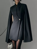 Black Cape-Sleeve Fitted Mini Blazer Dress