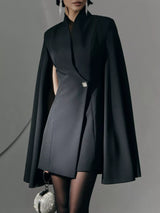 Black Cape-Sleeve Fitted Mini Blazer Dress