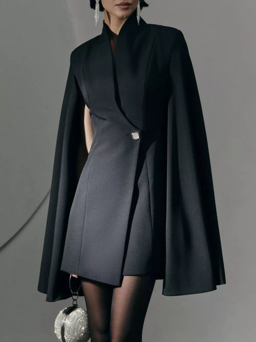 Black Cape-Sleeve Fitted Mini Blazer Dress