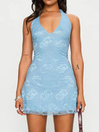 Light blue floral lace halter bodycon mini dress, front view.