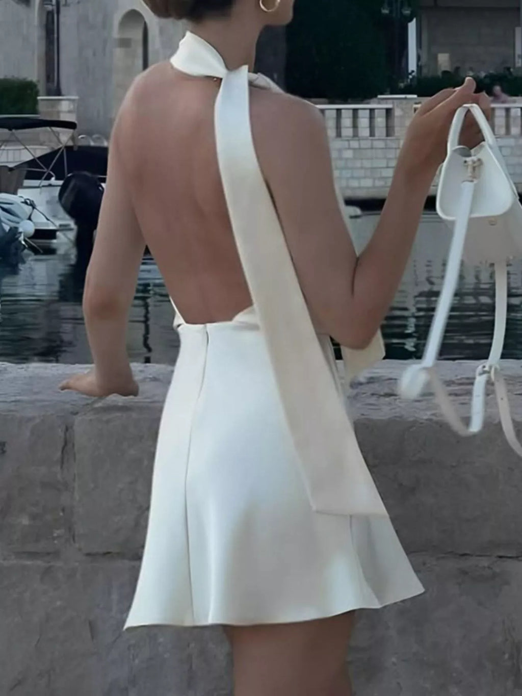 Beige halter mini dress front view