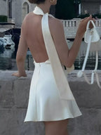Beige halter mini dress front view