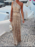 Beige Sequin One-Shoulder Slit Maxi Dress - product view 1