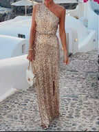 Beige Sequin One-Shoulder Slit Maxi Dress - product view 1