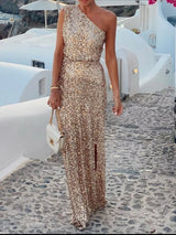 Beige Sequin One-Shoulder Slit Maxi Dress - product view 1