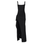 Black ruched maxi dress with slit
