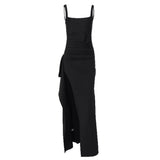 Black ruched maxi dress with slit