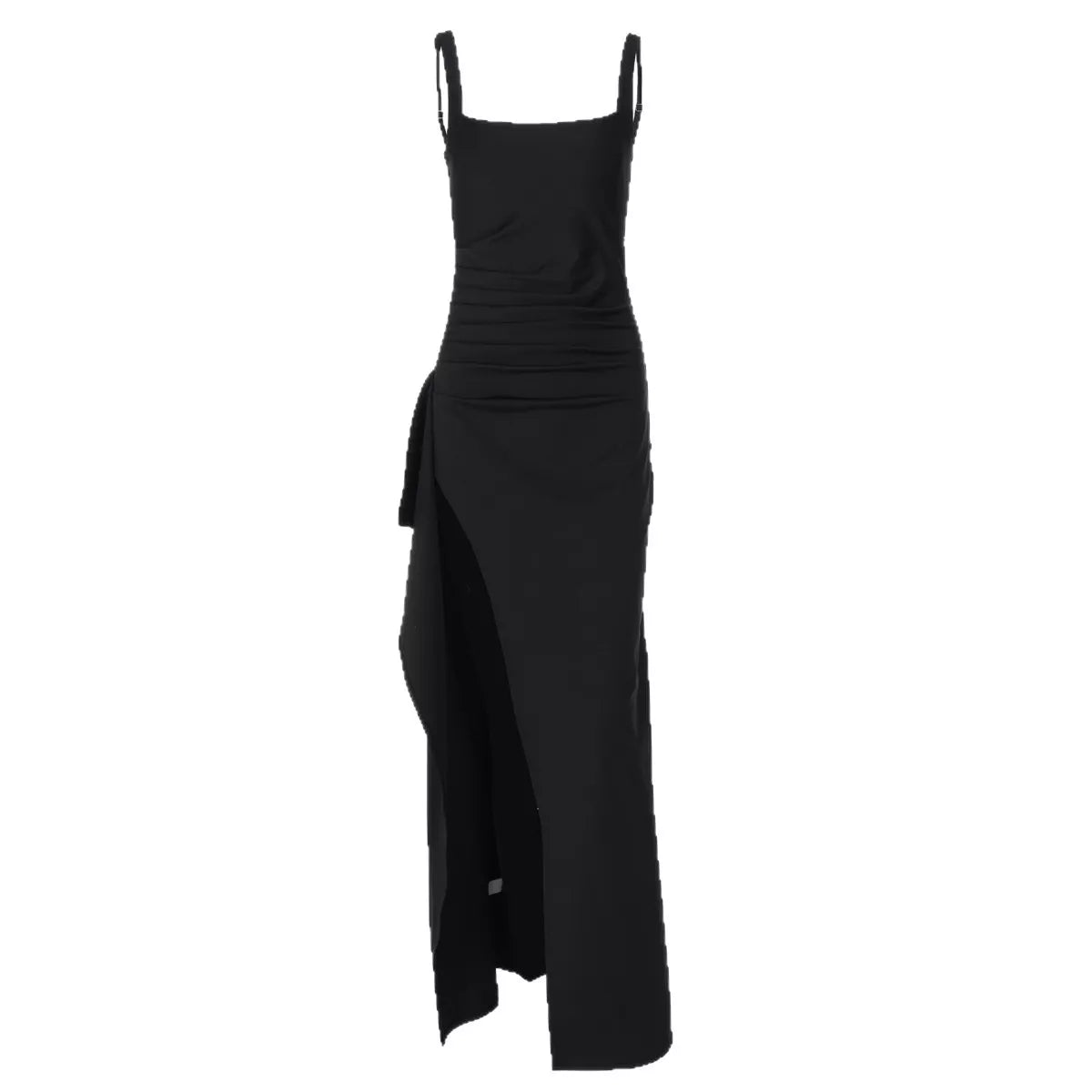 Black ruched maxi dress with slit