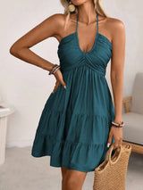 Teal smocked halter tiered mini dress, front view