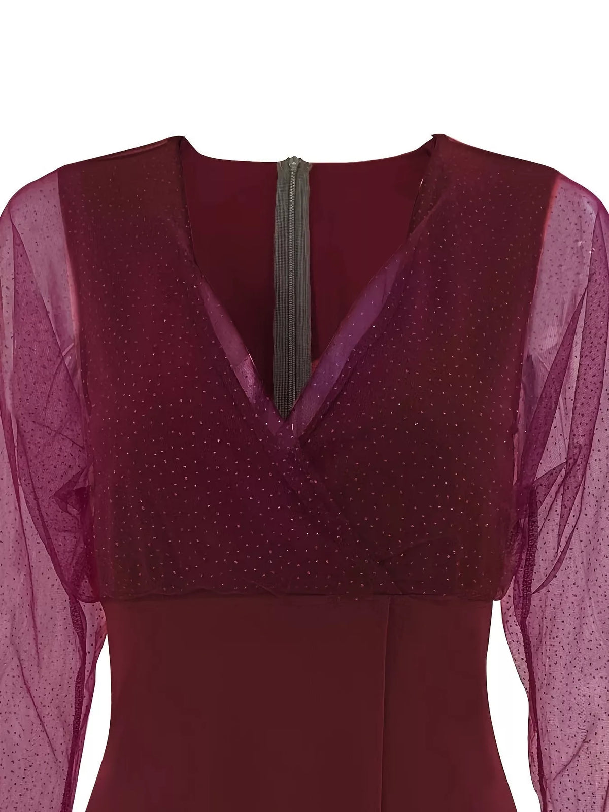 Burgundy glitter mesh long-sleeve mini dress, front view.