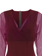 Burgundy glitter mesh long-sleeve mini dress, front view.