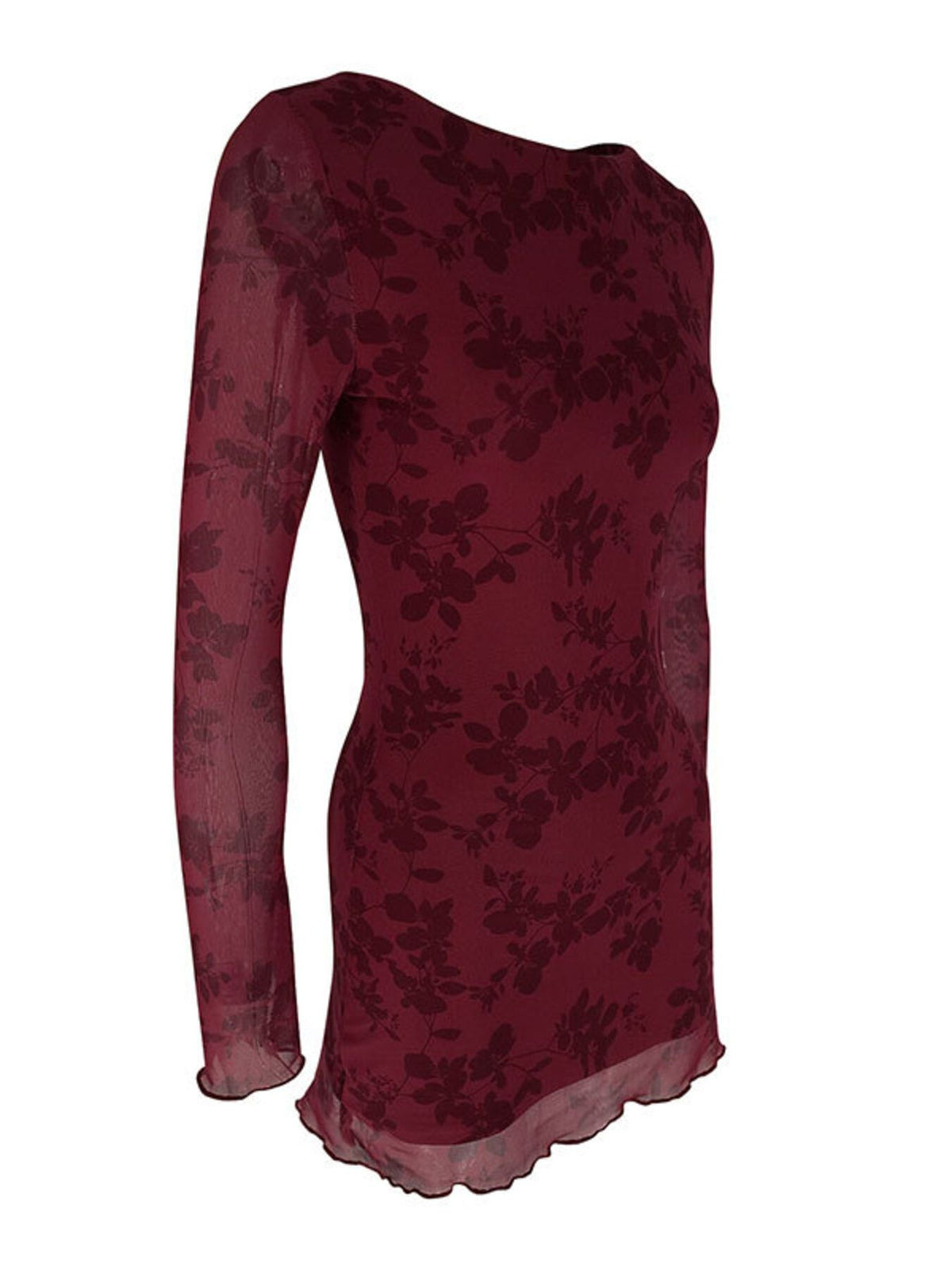 Burgundy floral long-sleeve mini dress, front view