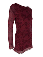 Burgundy floral long-sleeve mini dress, front view