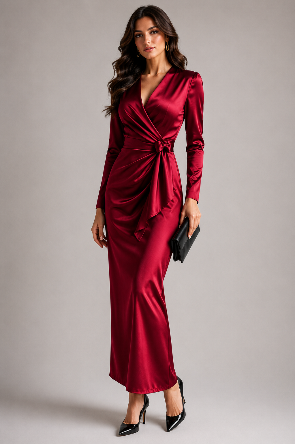 Satin Tie-Waist Long-Sleeve Dress