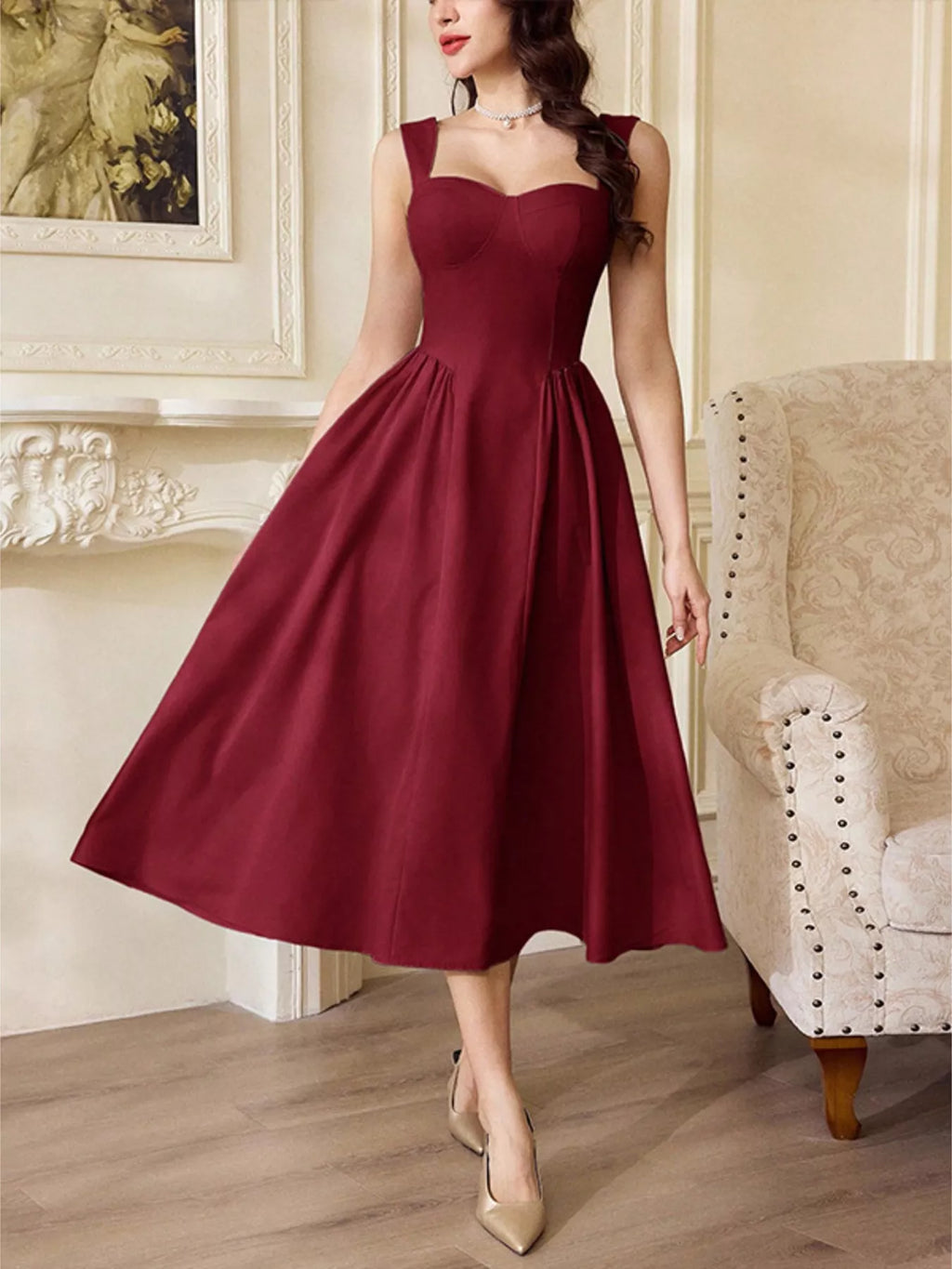 Red Sweetheart-Neck A-Line Midi Dress – alternate view 3