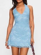Light blue floral lace halter bodycon mini dress, front view.