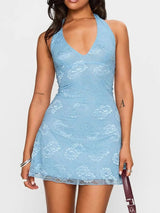 Light blue floral lace halter bodycon mini dress, front view.
