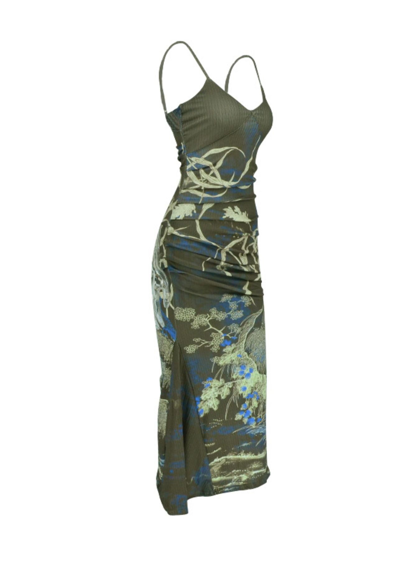 Printed spaghetti strap slit dress detail