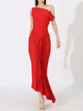 One-shoulder pleated maxi dress front view
