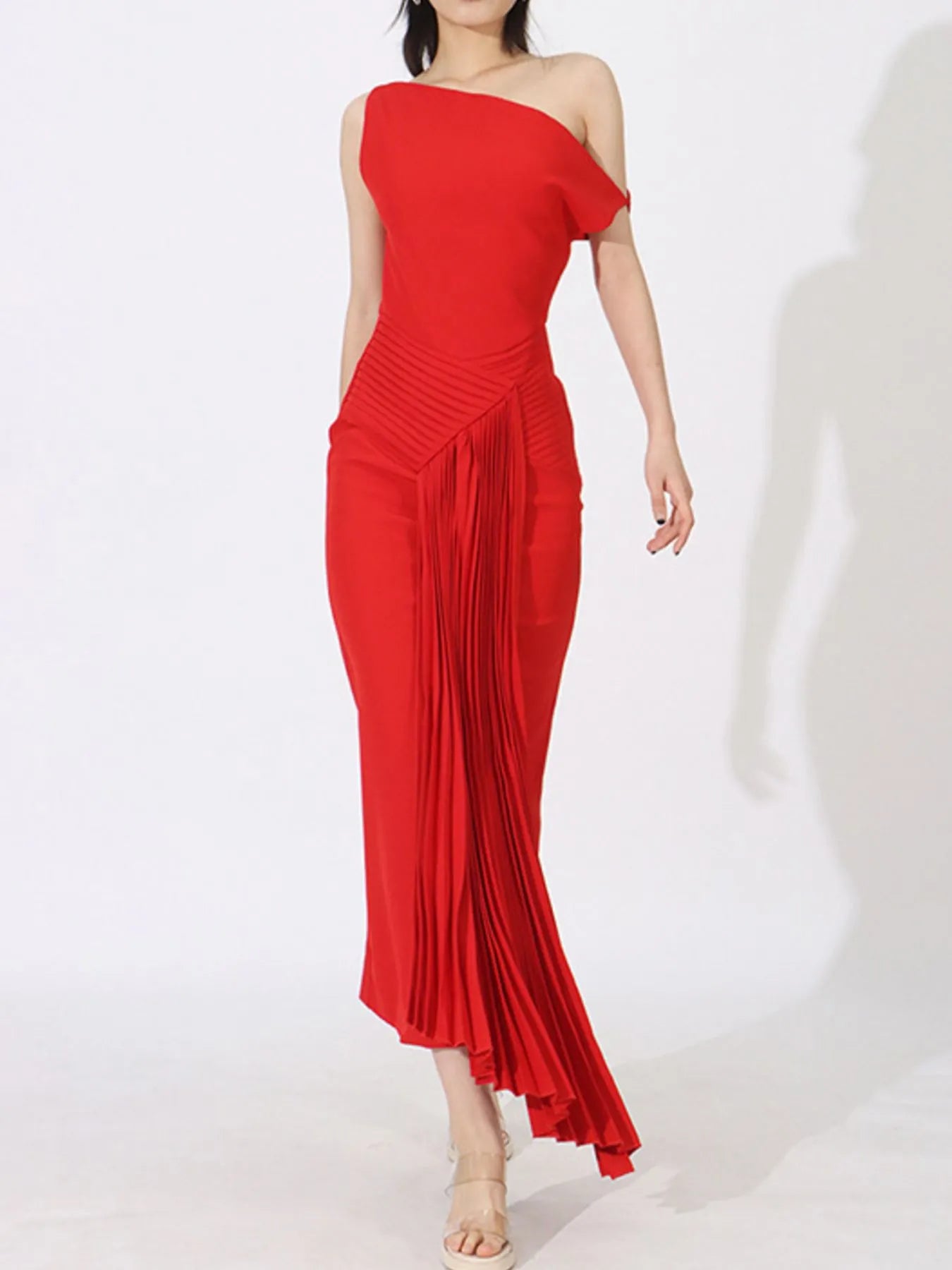 One-shoulder pleated maxi dress front view