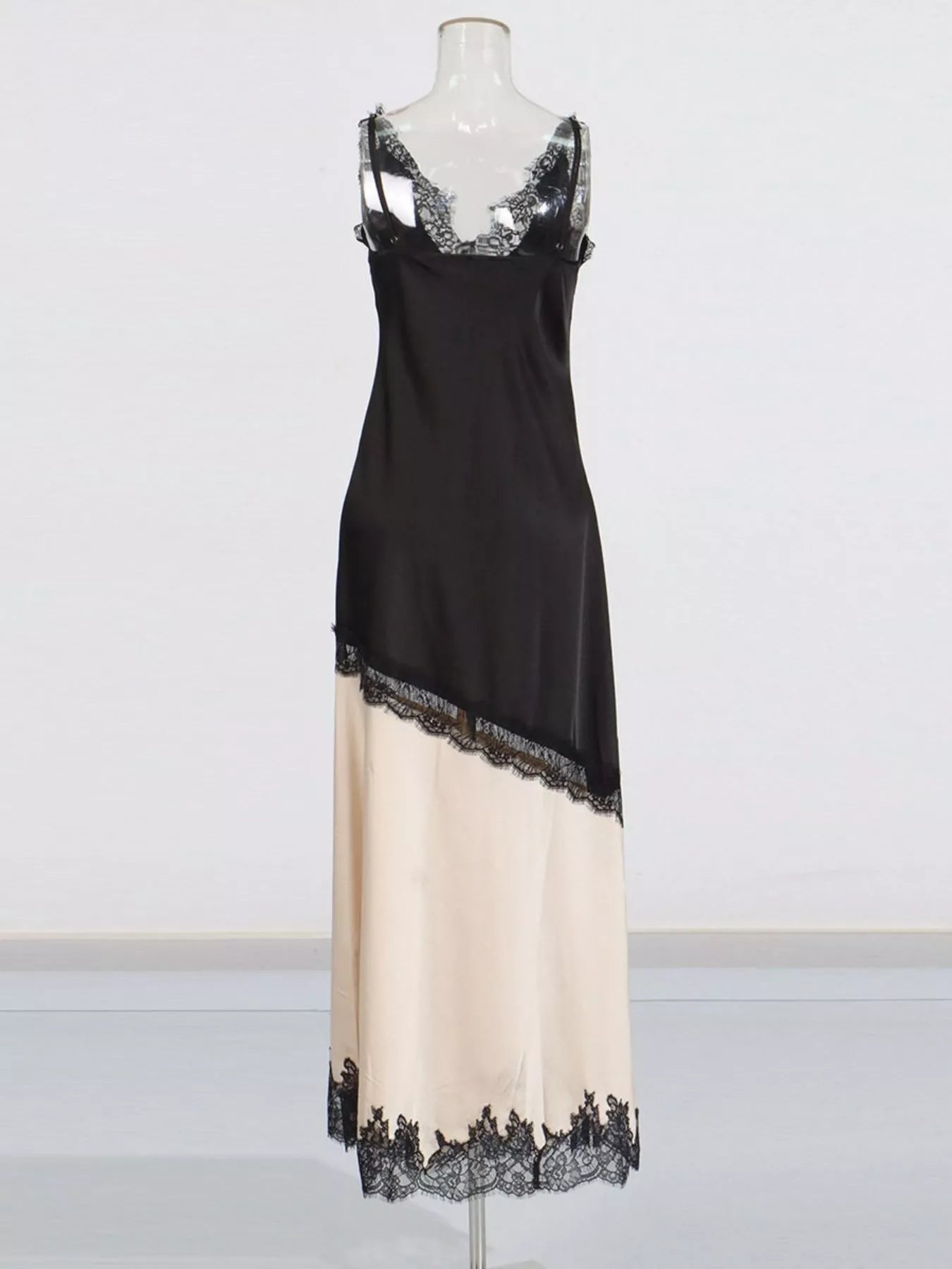 Black lace trim slip dress back view