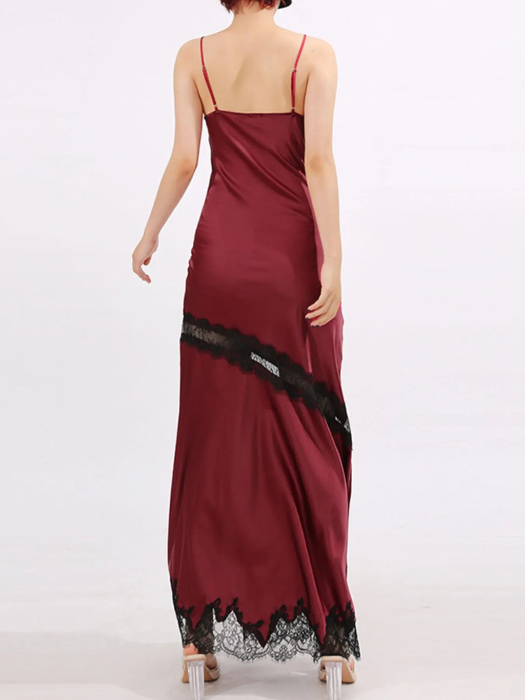 Burgundy lace-detail slit maxi dress detail view