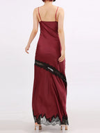 Burgundy lace-detail slit maxi dress detail view